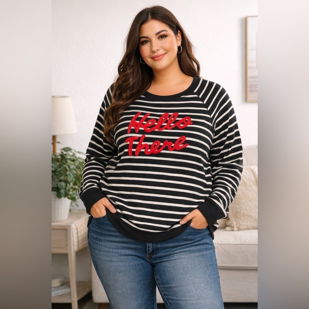 🖤 Old Navy “Hello There” Dark Grey & White Striped Sweatshirt Vintage Crew XL